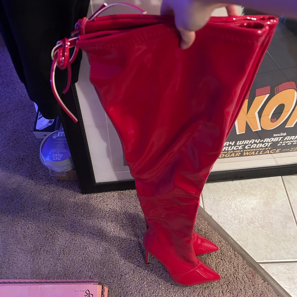 Red Patent Thigh-High Stiletto Boots Women pazzle